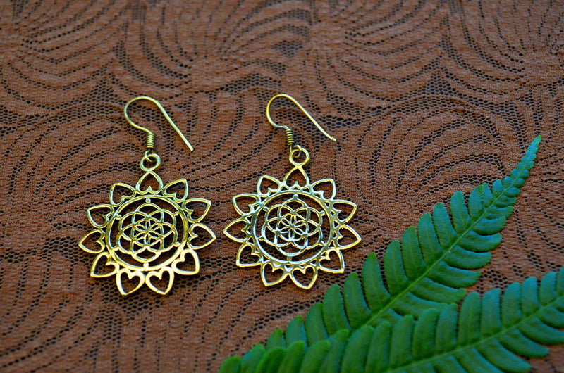 Lotus Heart Brass Earrings