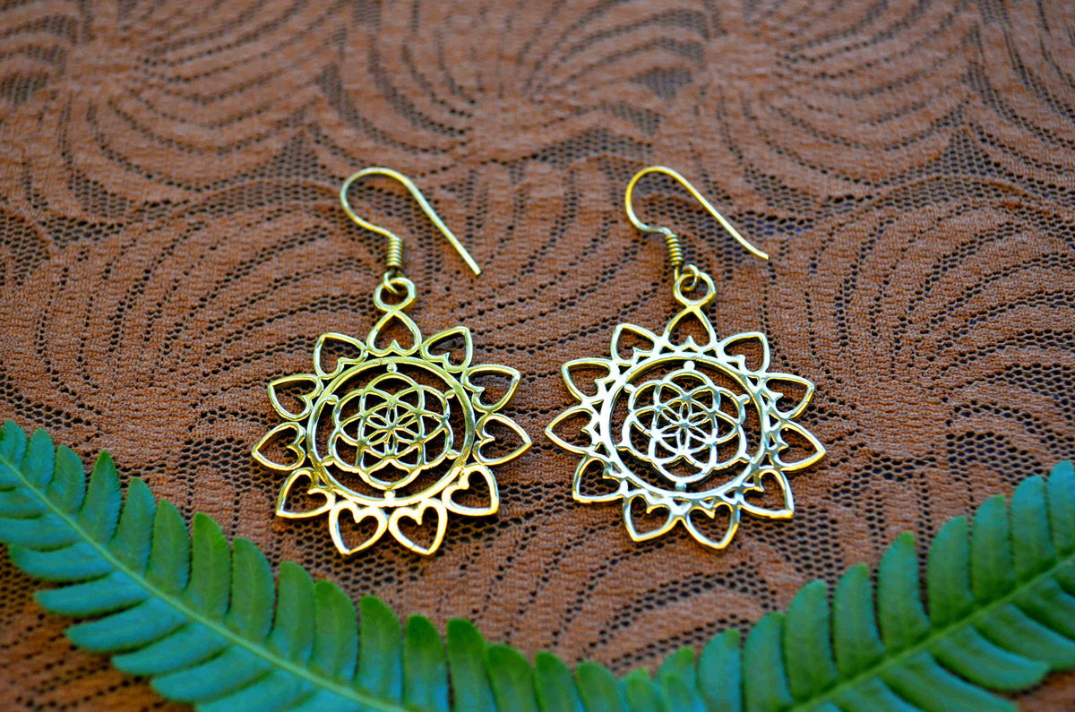 Lotus Heart Brass Earrings
