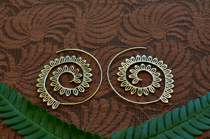 Spiral Leaf Design Brass Earrings