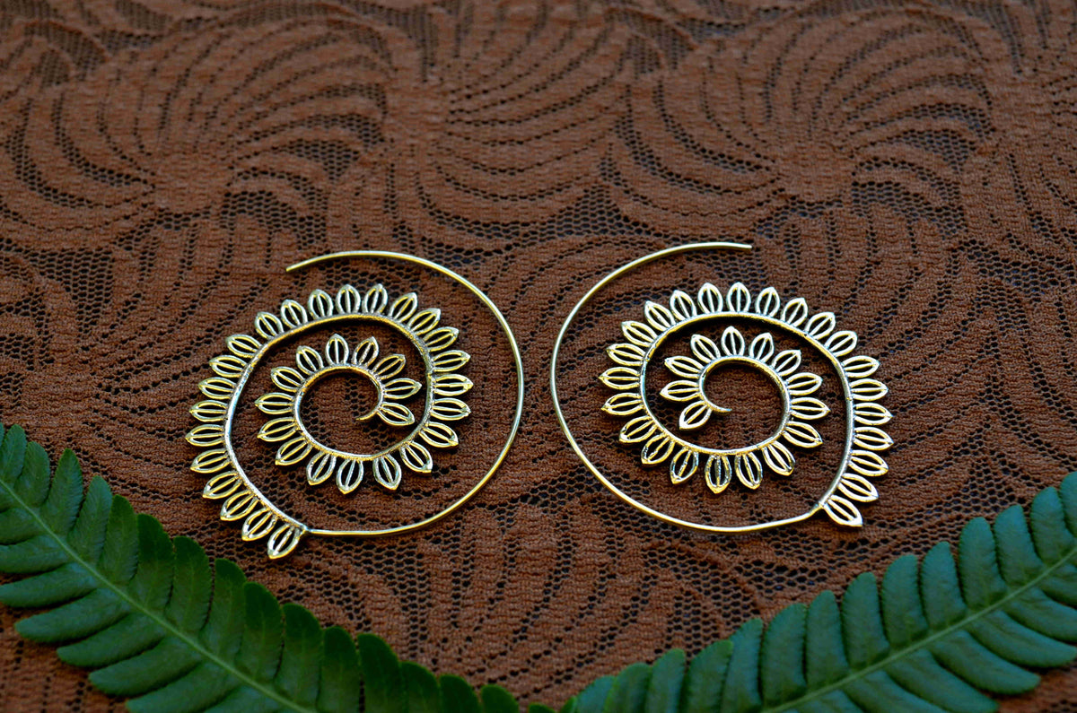 Spiral Leaf Design Brass Earrings