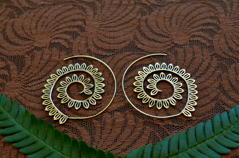 Spiral Leaf Design Brass Earrings