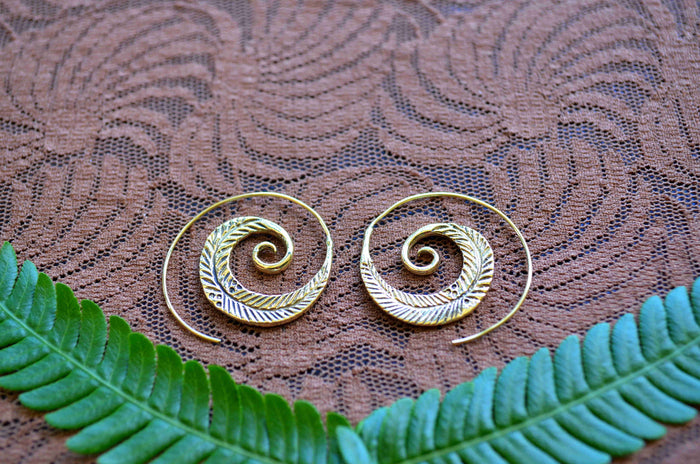 Feather Spiral Brass Earrings