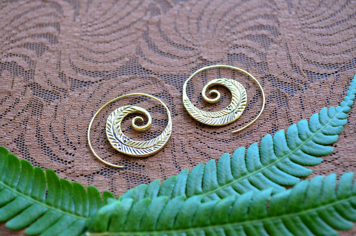 Feather Spiral Brass Earrings