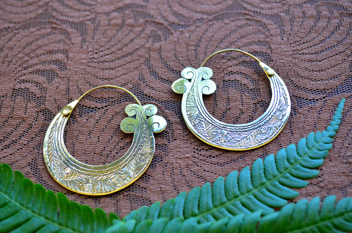 Hand Carved Large Mermaid Tail Brass Earrings