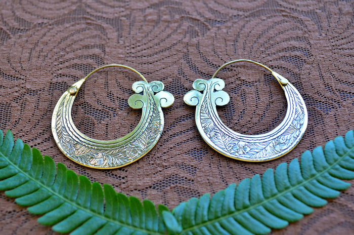 Hand Carved Large Mermaid Tail Brass Earrings