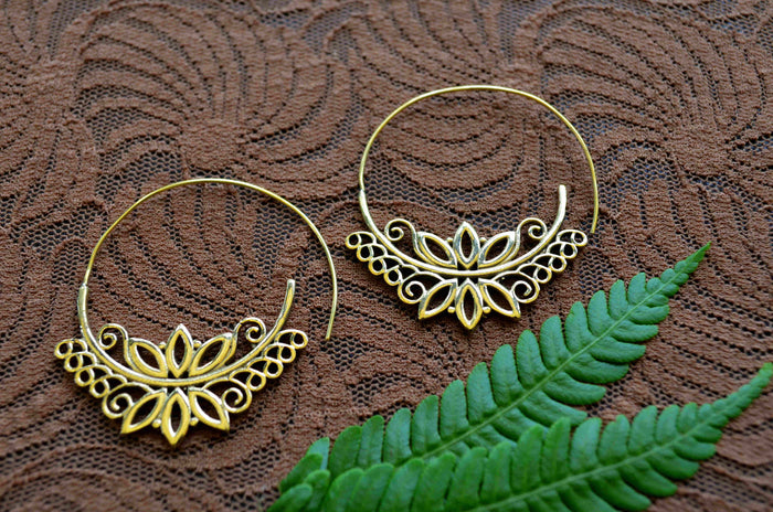 Large Lotus Spiral Brass Earrings